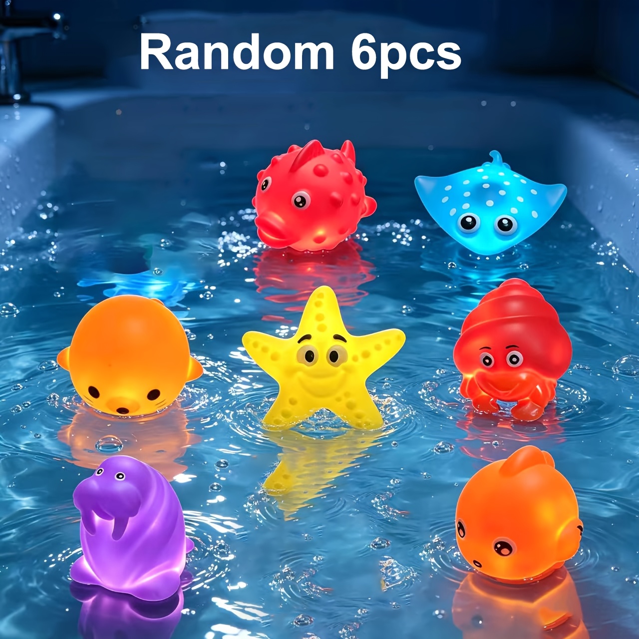 Image of 6pcs No Hole Bath Toys, Light Up Ocean Animals Set, Glitter Colorful Bathtub Toys, Bathtub Floating Water Toys, Great Gifts For Bathroom Water Tub Games Pool Party Random Colors