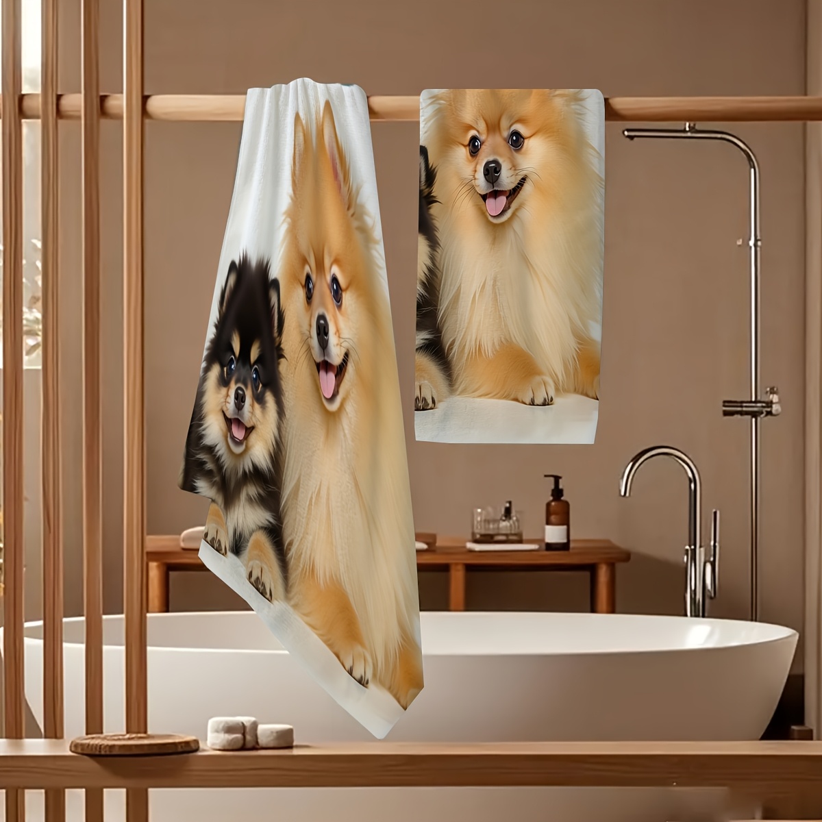 TEMU 2pcs Cute Pomeranian Dog Pattern Towels - Soft, Quick-dry Microfiber, Striped Design, Valentine's Day, Anniversaries, Parties, Gifts, And Home