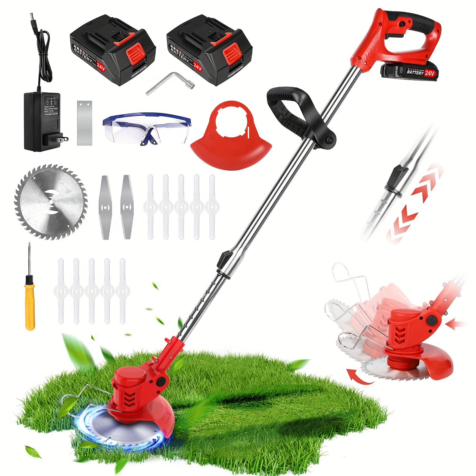 

24v Cordless , 3-in-1 Electric Grass String Trimmer Edger, 21000rpm Telescopic Brush Cutter, .0ah Battery Powered Lawn Mower With 3 Types Blades & Wheels For Yard Garde,, Without Wheels