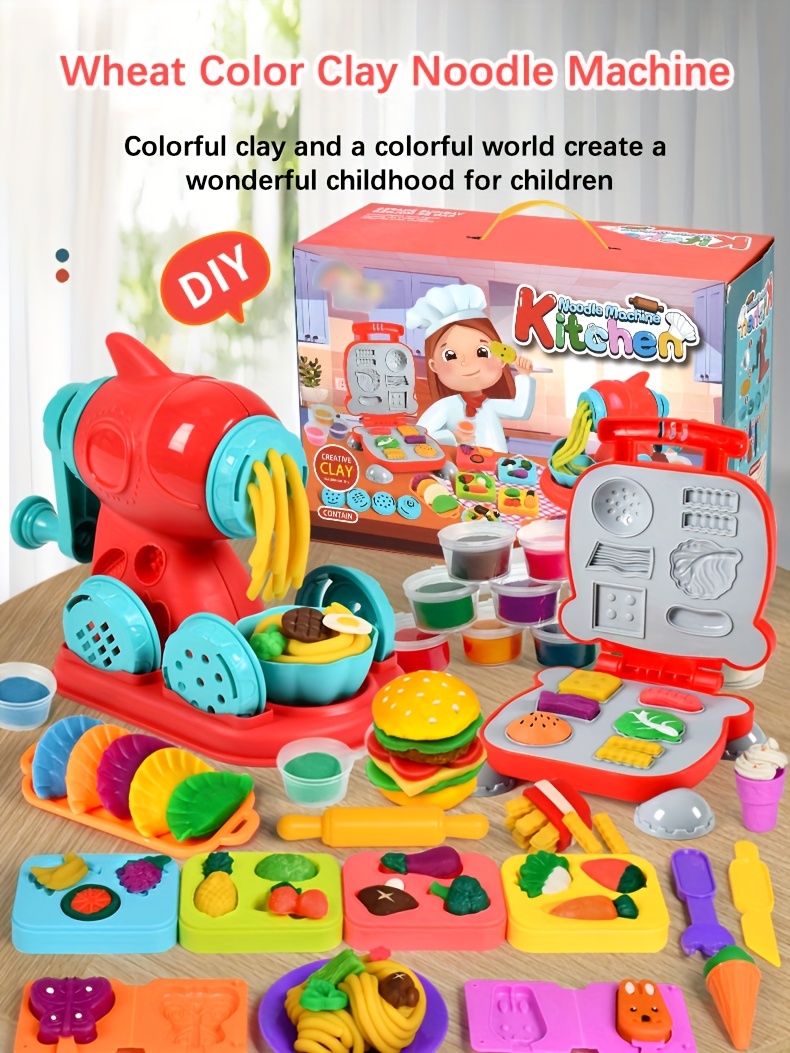Luxueuze klei twee-in-een kleurrijke deeg keuken creatieve voedsel speelgoed set, inclusief burger en noodle maker, vormgevingsgereedschap accessoires en 24-kleur deeg set, geschikt voor meisjes en jongens van 3+ jaar oud kunst ambacht cadeau