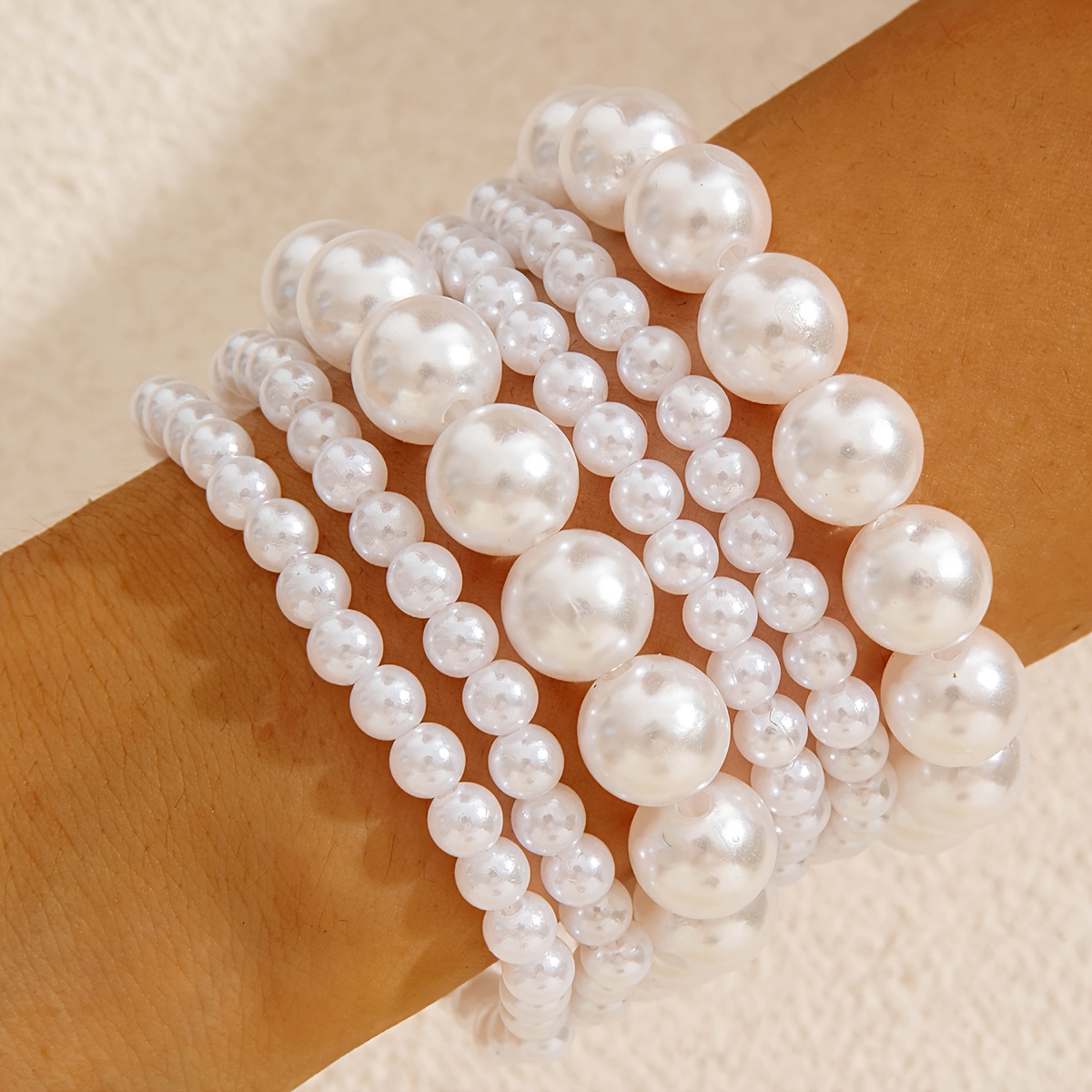 TEMU Juego de 6 piezas: Pulsera de perlas de redondas blancas elegantes de lujo , juego de joyas de cordón elástico de cuentas apilables de múltiples