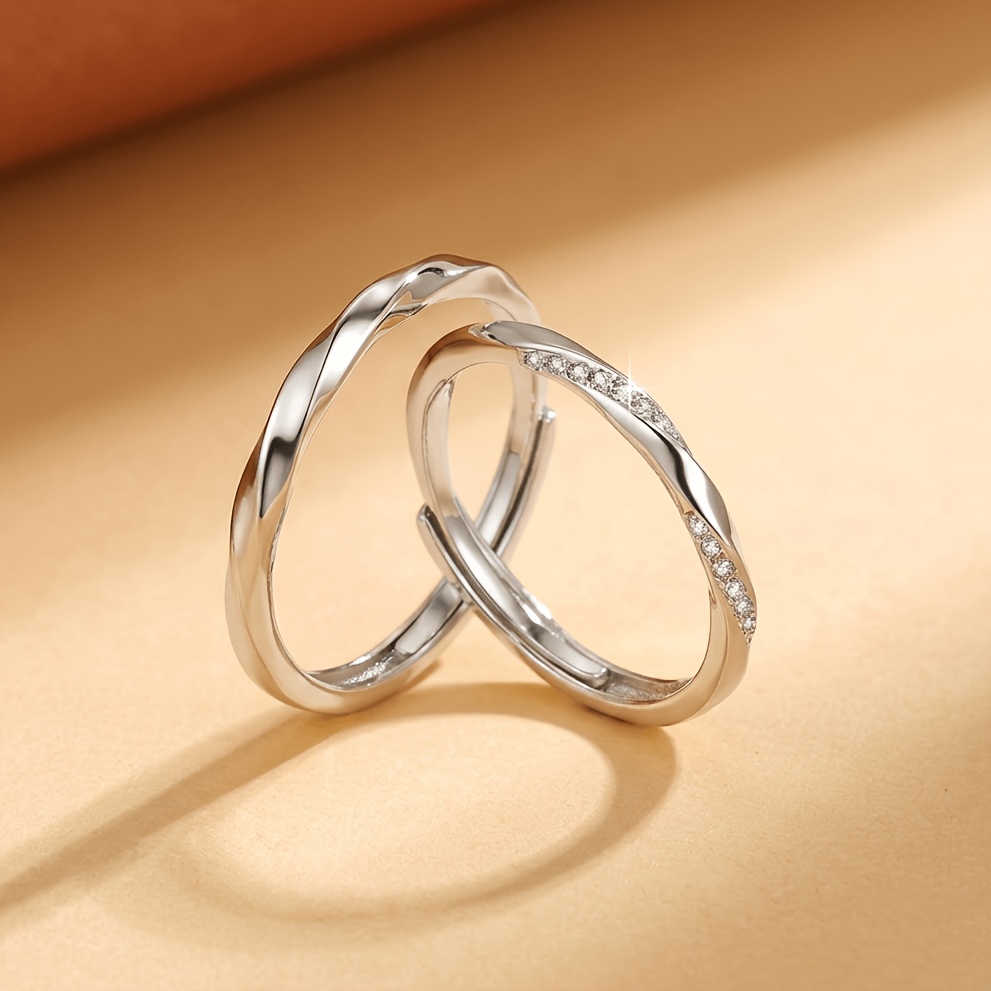 Elegant 2pcs/Set Wedding Ring Set - Inlaid with Sparkling Synthetic Cubic Synthetic Cubic Zirconiaia - Unisex - Adjustable Open Ring - Suitable for Couples - Proposal Wear - Minimalist Luxury Style - Exquisite Gift for Women - Valentine's Day Gift