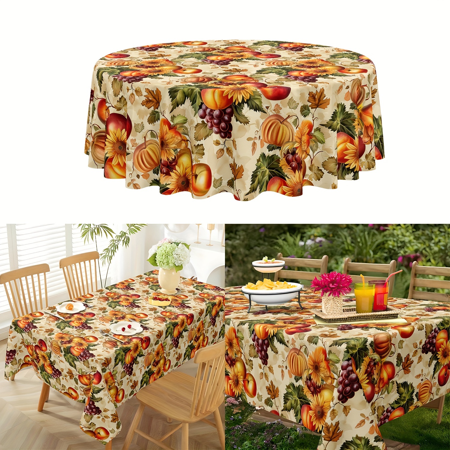 

Thanksgiving Delight: Round Waterproof & Stain-resistant Tablecloth With Pumpkin, Sunflower & Autumn Leaves Design - Perfect For & Kitchen Decor