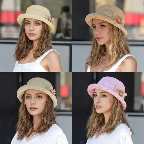 womens straw hat with floral embellishments rolled brim lightweight breathable sun protection for spring summer outdoor shopping casual beach hat in beige pink purple sun hat
