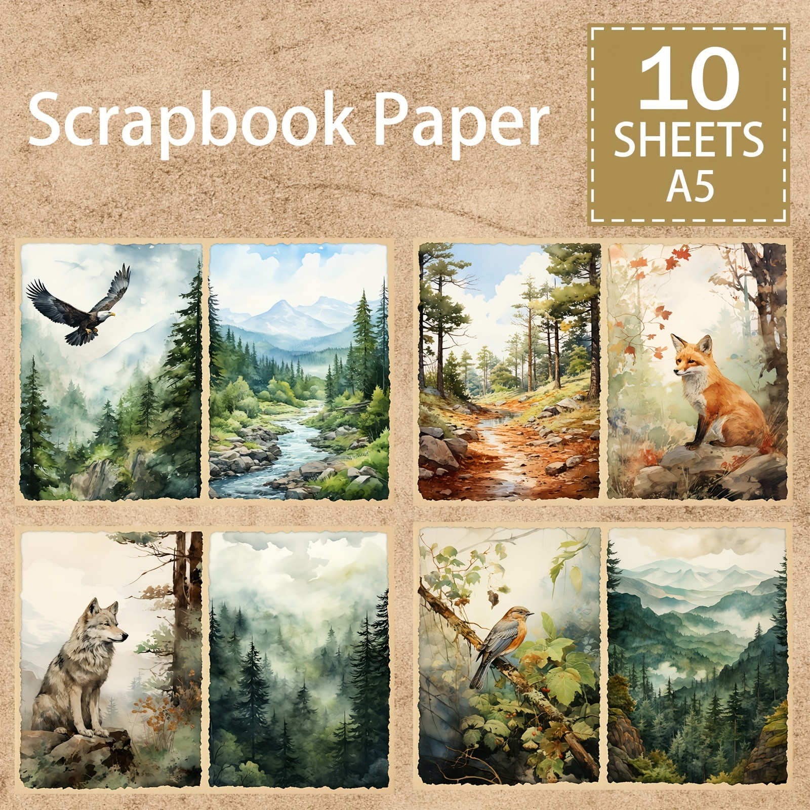 

10-piece A5 Vintage Forest Animal Paper Sheets - Fox, White Wolf, Brown Bear, Eagle Designs For Diy Journals, Scrapbooking & Greeting Cards