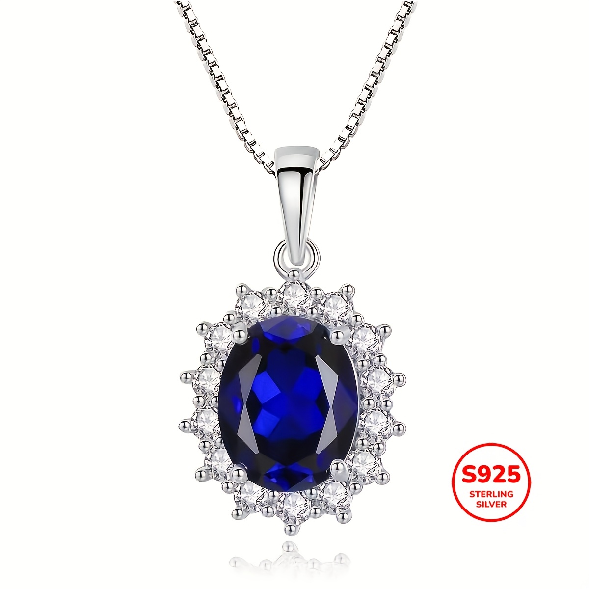 

925 Round Cut Blue Synthetic Gems Pendant With Long Chain Adjustable Clothing Accessories