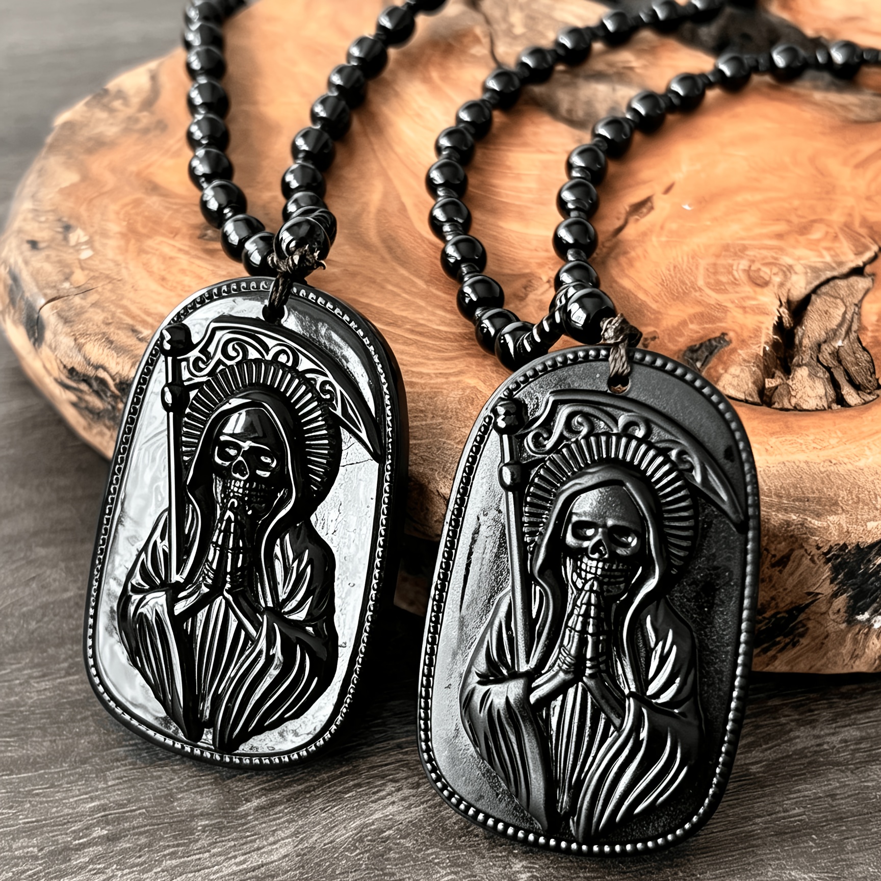 Gothic Style Glass Grim Reaper Skull Pendant Necklace