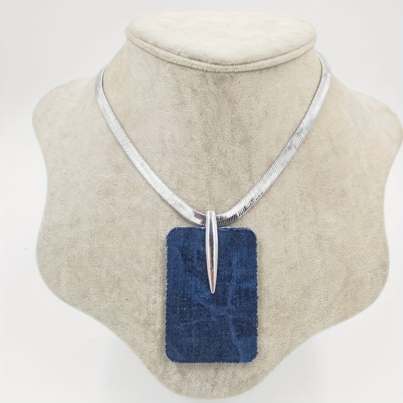 

Boho-chic Square Ombre Denim Pendant Necklace With Brass Snake Chain - Perfect For Everyday Wear & Music Festivals