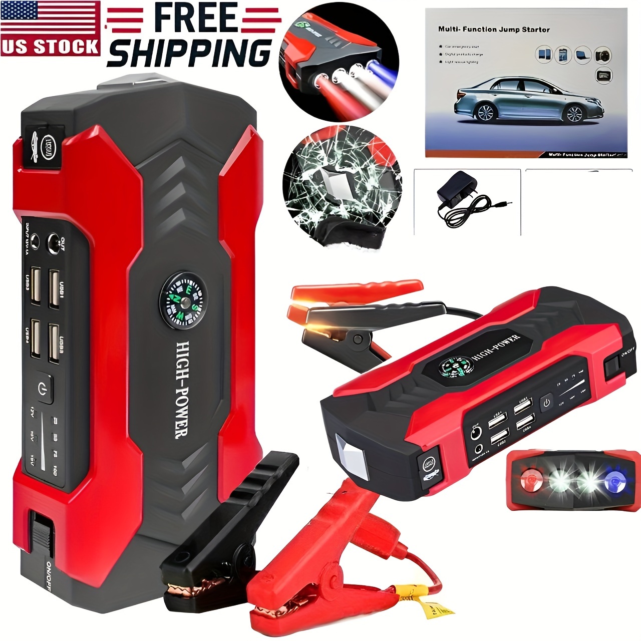 TEMU Portable Car Jump , 2500a Battery Jumper Portable, Jump Box For Car Battery, 12v Portable Jump For 8.0l Gas & 7.0l Cars With Usb & Led Flashlight