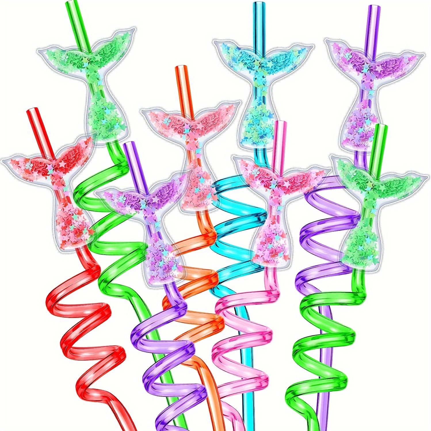 

8pcs Reusable Mermaid Tail Drinking Straws With Sequins - Polypropylene (pp) Material For Birthday Party Supplies