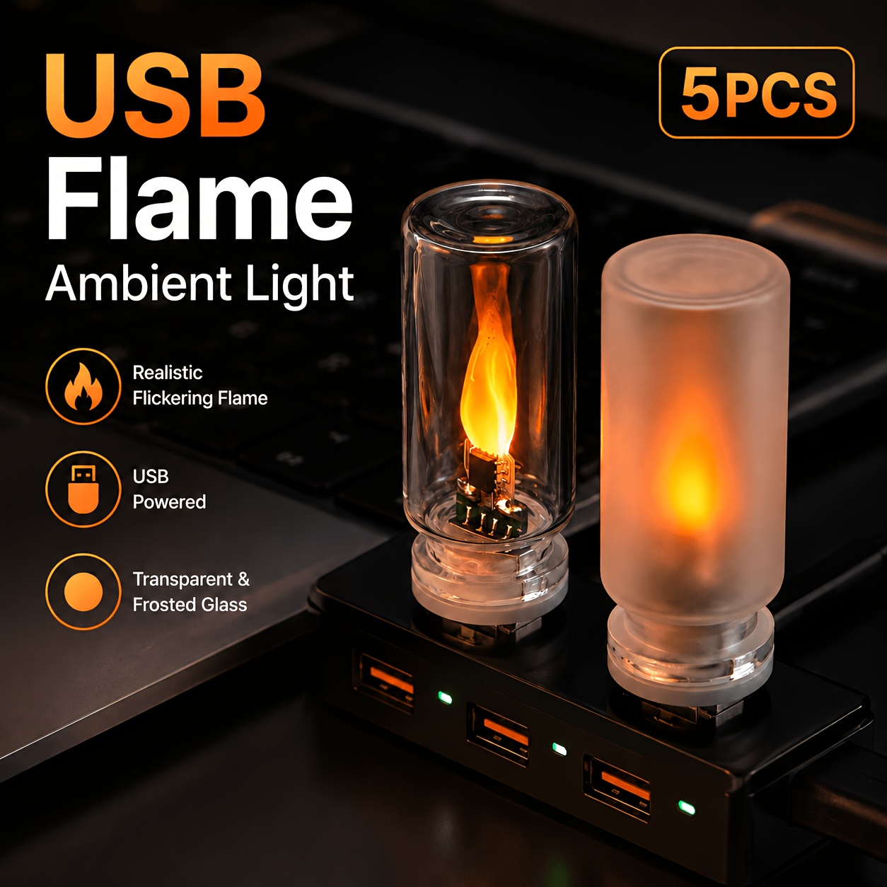* 5er-Set Kreative USB-LED-flammenlose *-Nachtlichter, Simulationsflammen-Atmosphärenlampe für Auto, Schlafzimmer, Schreibtisch & Abendessen, Romantische Deko für Weihnachten, Halloween, Neujahr,