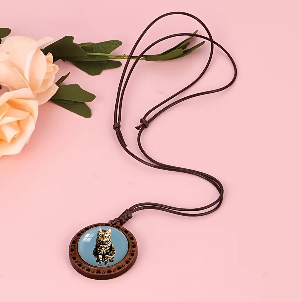 Tiger-Striped Cat Heart Wooden Necklace, Cute Gift