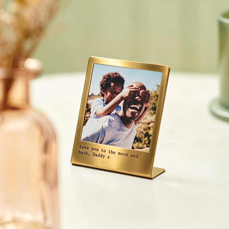 TEMU Personalized Mini Metal Photo Frame Custom Picture And Text Desktop Plaque 18k Gold Plated Stainless Steel Photo Display Keepsake Gift For Dad