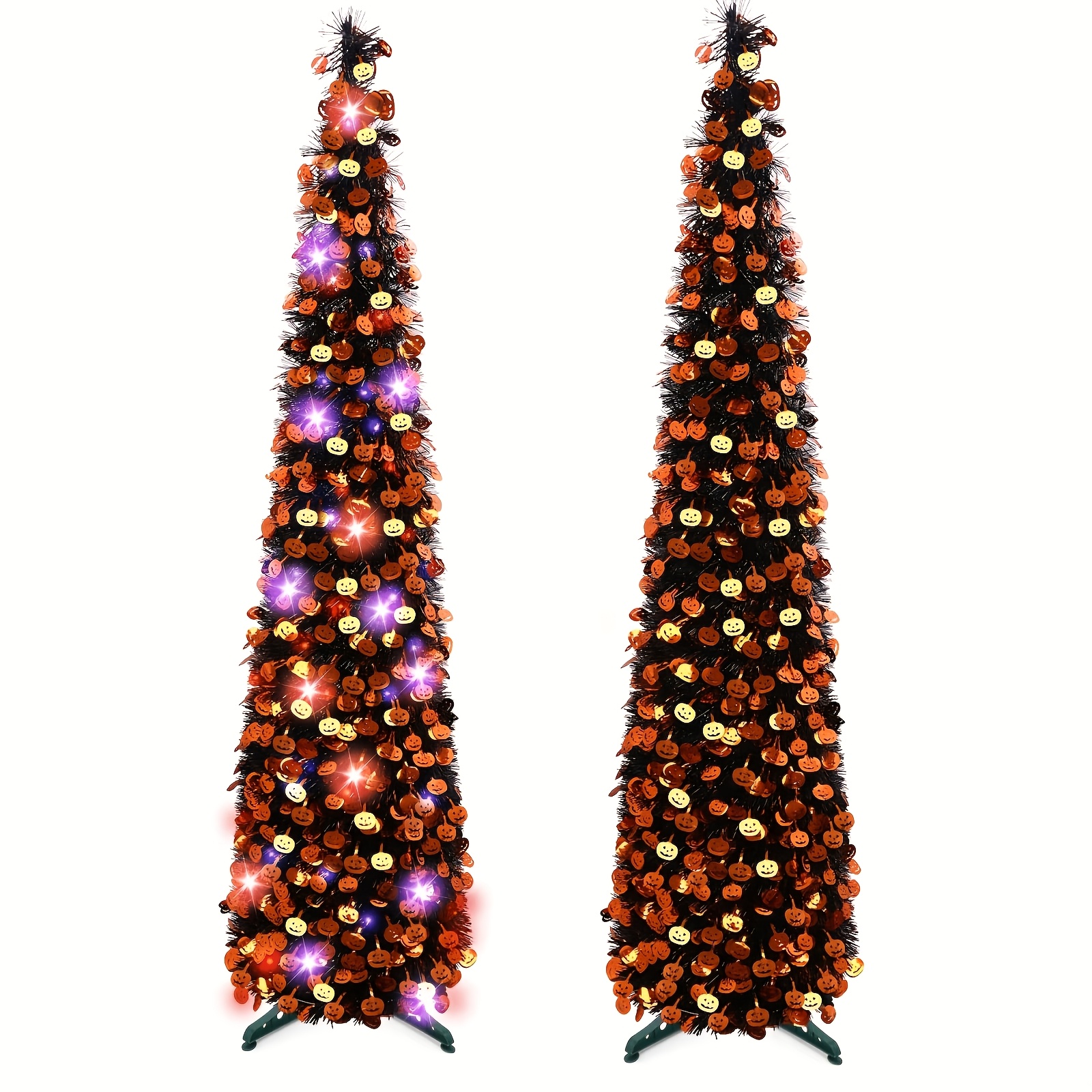 TEMU 5ft Artificial Trees For Halloween Decorative With Glittery Pumpkin Ornaments And Orange-purple Led Lights, Battery Operated Metal Foil