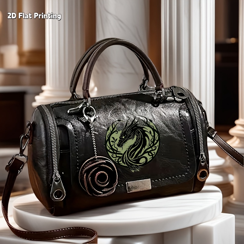 TEMU Borsa a retr簷 pz con verde e motivo cinese, borsa a tracolla cilindrica adatta per uscite , casual, viaggio, chiusura a cerniera, borsa a spalla