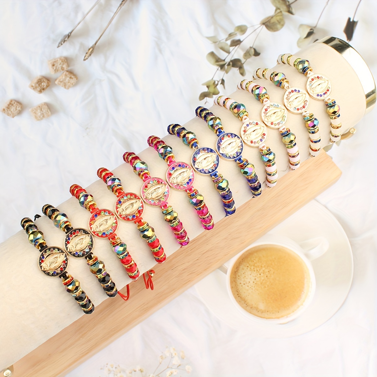 TEMU 12pcs Handcrafted Beaded Bracelet Set - Adjustable, Vintage- , For Casual Attire & - Synthetic Stone Accents, No Needed