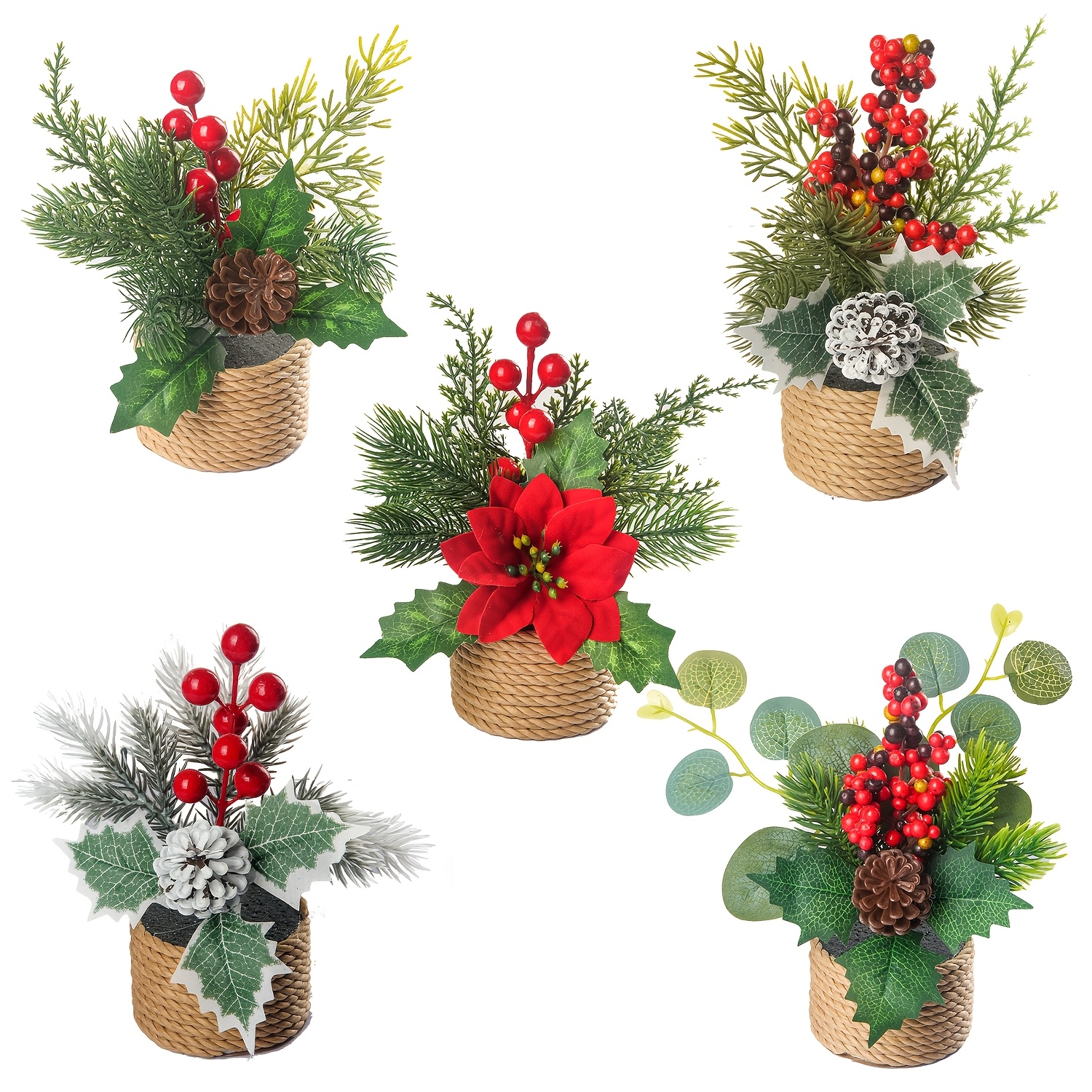 TEMU Lot de 5 pièces/Set de plante en pot artificielle de de Noël, bouquet de branche artificielle d'aiguilles de pin, et herbe, matériau PE vert,