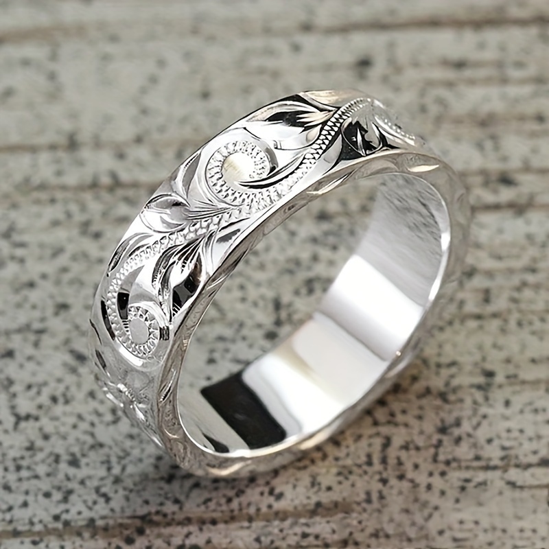 Hand Carved Leaf & Flower Wide Band Ring Unisex Accessory Classic Style