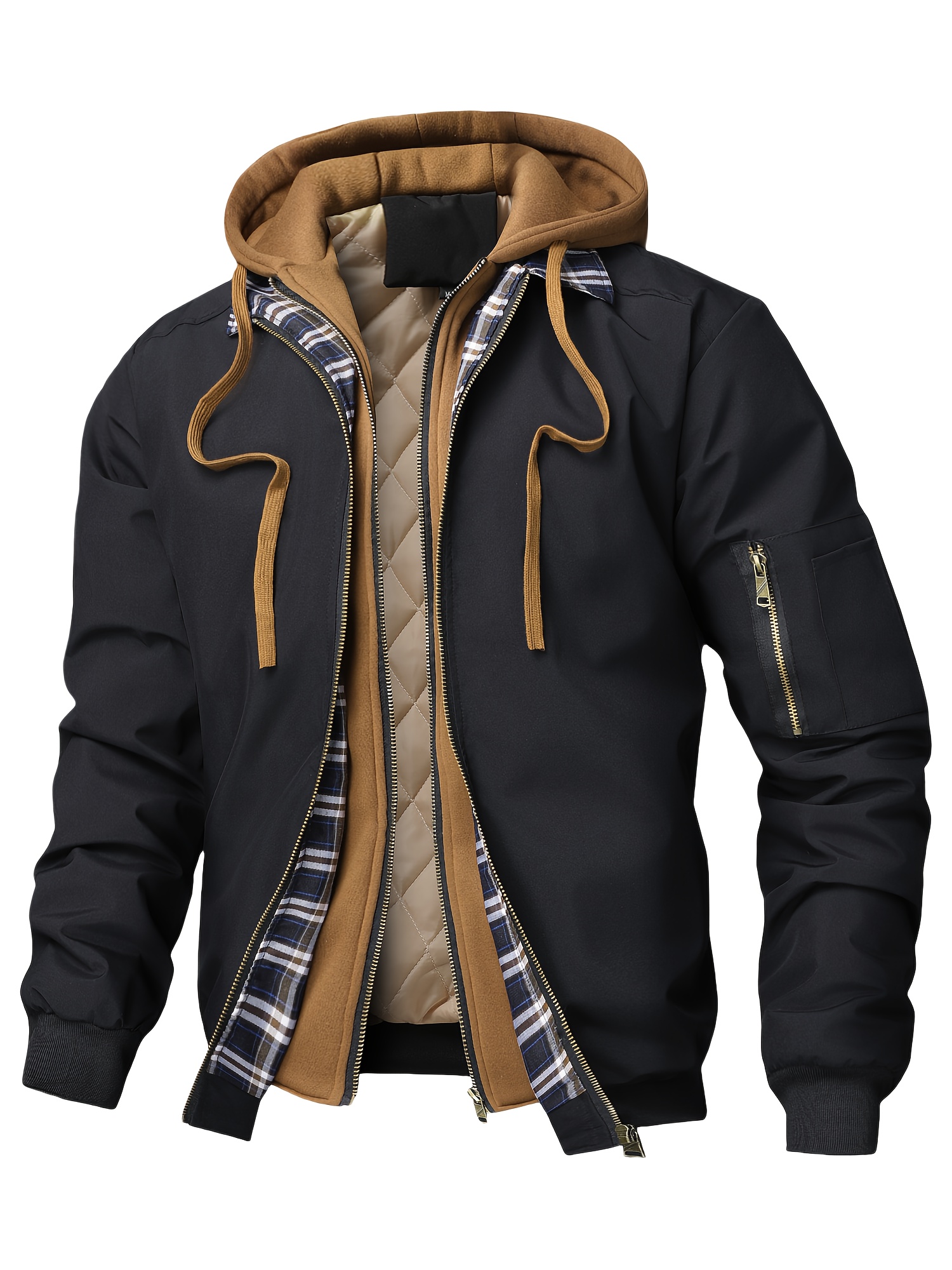 mens plaid hooded zip up jacket casual loose   black checkered pattern drawstring hood long sleeves polyester lining     winter autumn winter jacket plaid pattern jacket zippered jacket