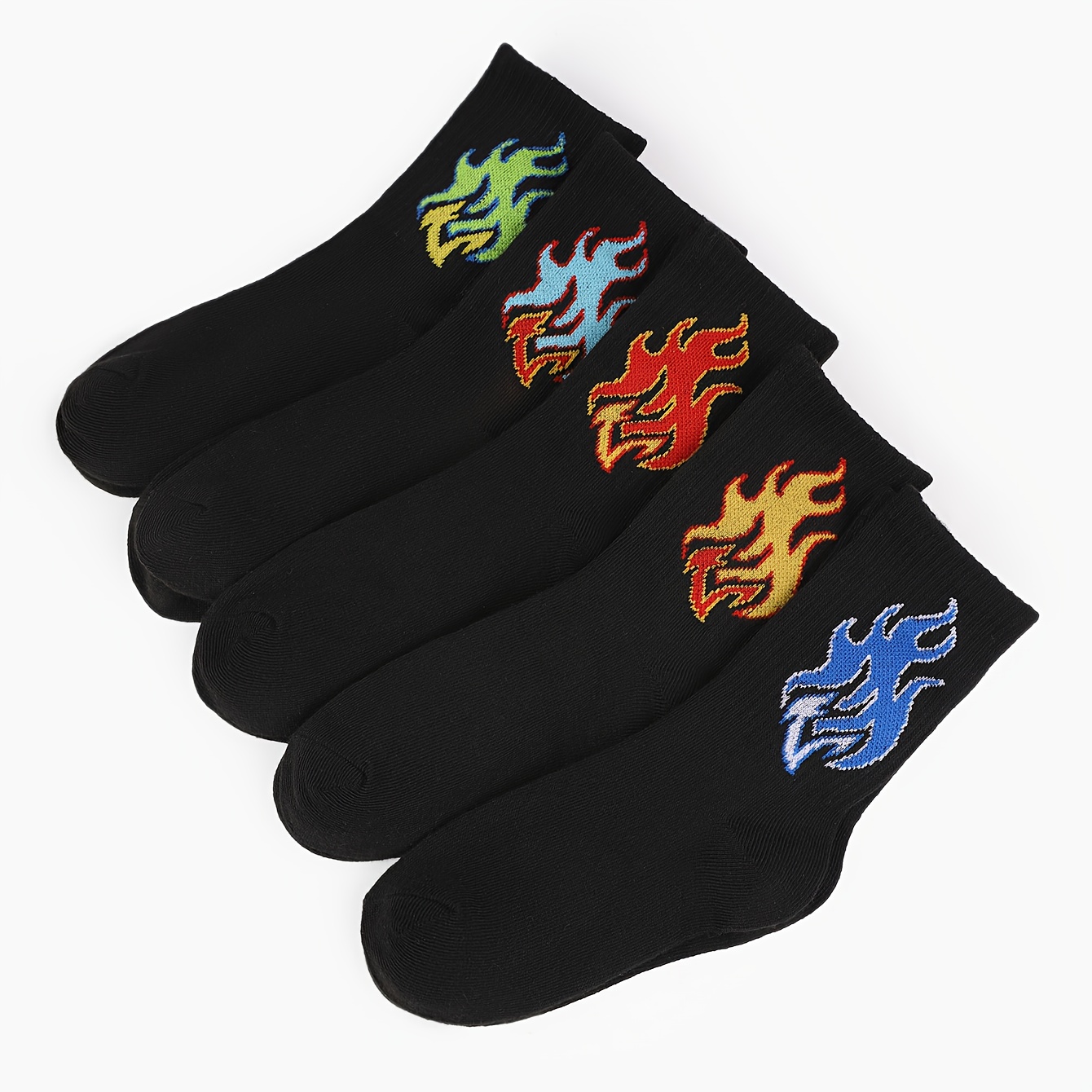 Image of 5 Pairs Of Cute Cartoon Flame Pattern Crew Socks For Boys And Girls, Comfortable And Breathable Casual Soft Socks, Suitable For Children And Students' Outdoor Daily Activities