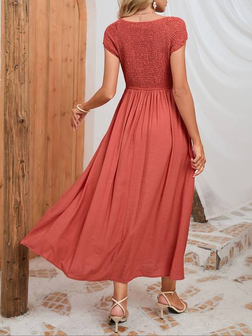 solid shirred crew neck dress casual short sleeve patch pockets dress for spring summer womens clothing