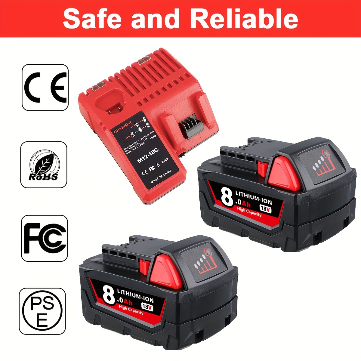 

2 Pack 18v 8.0ah 48-11-1862 Extended Capacity Battery With Charger Combo Replacement For 18v And Charger Kit 48-59-1812 Xc 8.0 Ah 48-11-1865 48-11-1852 18v Battery And Charger