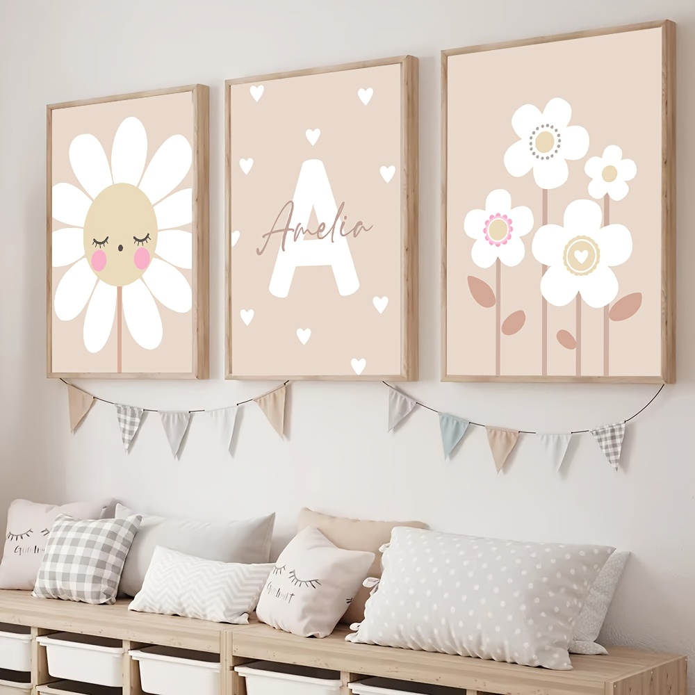 TEMU 2d Flat, 2d Flat, 3pcs Set Personalized Name Custom Canvas Art Poster, Frameless Beige Flower Wall Print, Sunflower Art, Modern Bohemian Style