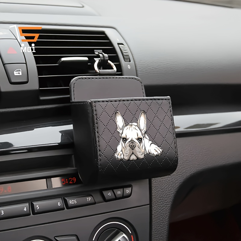 TEMU 1pc French Bulldog Sketch Pattern Print Car Vent Hanging Storage Box Car Organizer Multifunctional Phone Holder Pu Leather Car Phone Stand Car