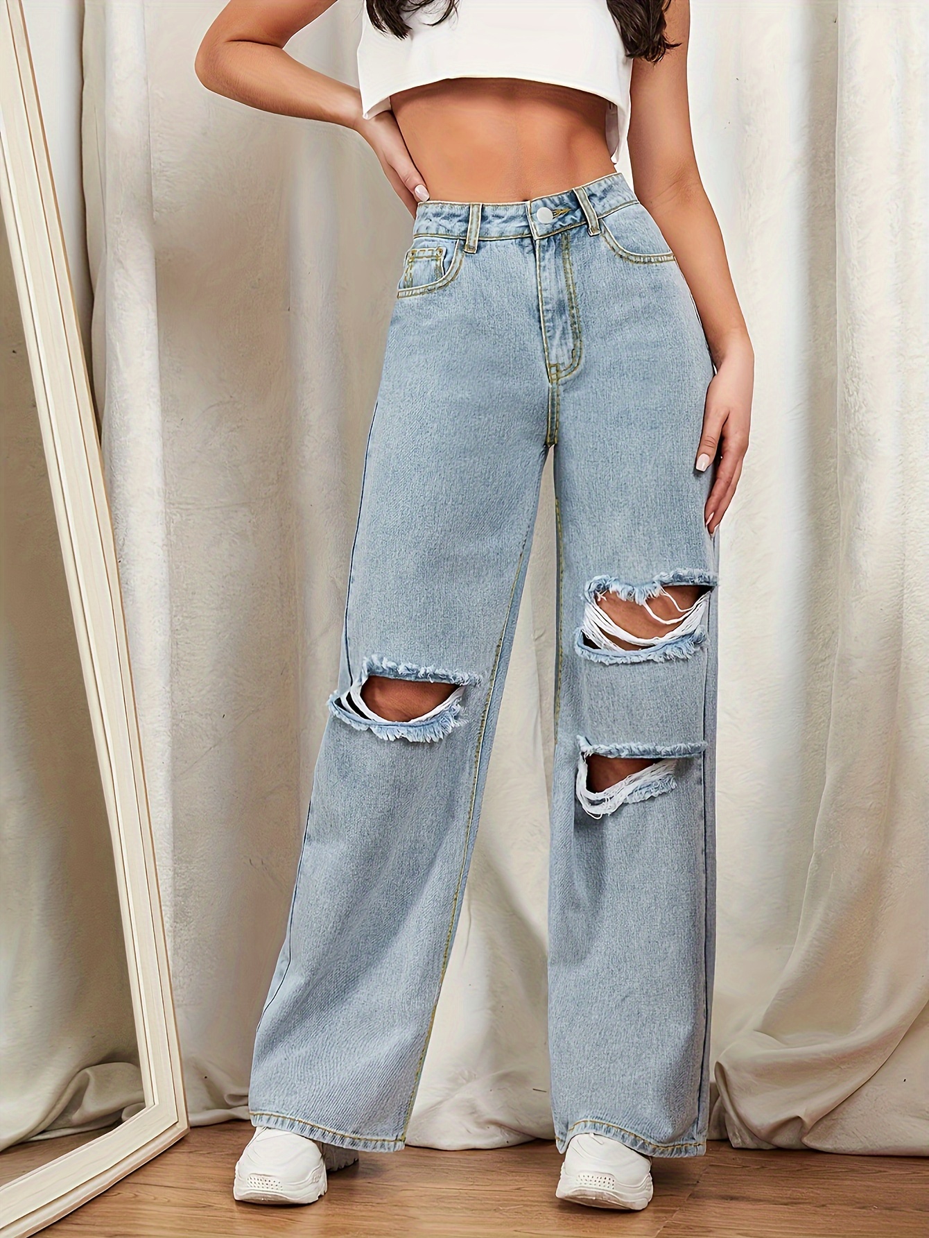 High Rise Ripped Loose Boyfriend Jeans, Straight Leg Distressed Stacked Mom  Jeans, Women's Denim Jeans & Clothing