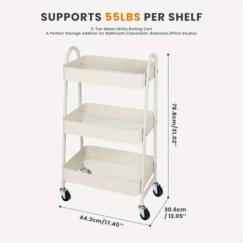 3 tier metal rolling utility cart with lockable wheels storage shelf for kitchen bathroom living room narrow spaces durable metal construction easy assembly versatile rolling storage cart