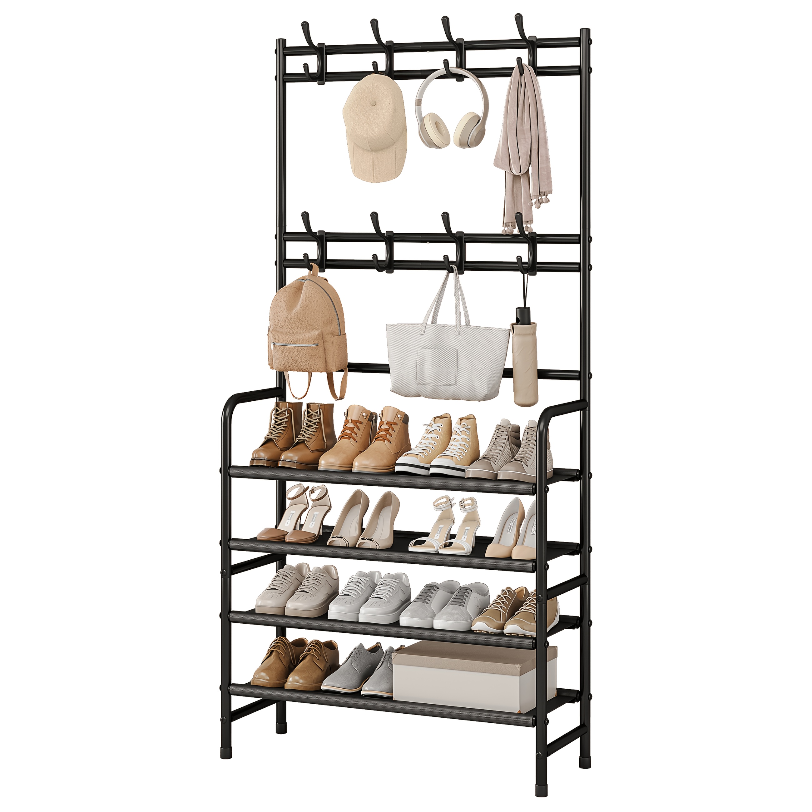 TEMU Suoernuo 4-tier Heavy-duty Metal Entryway Coat Rack & Shoe Rack With 8 Hooks & Storage Shelf - Freestanding Sturdy Organizer With Spacious
