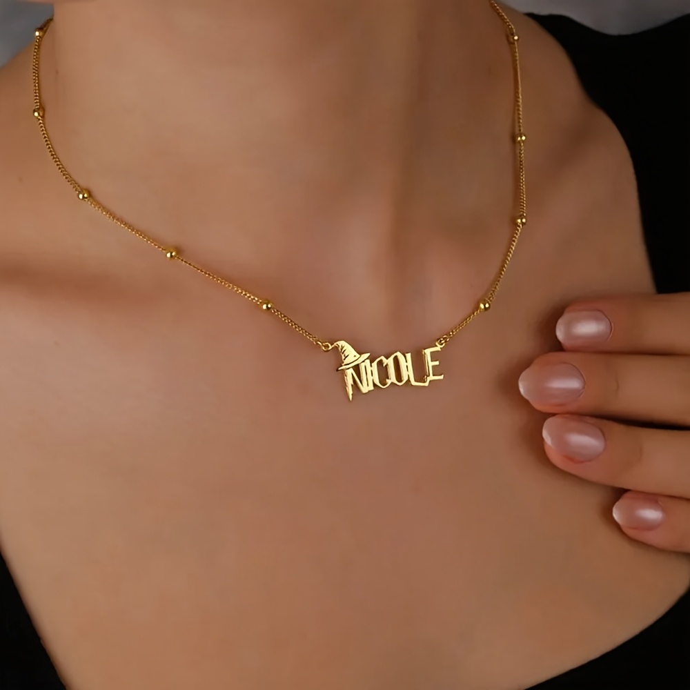 TEMU [custom] Stainless Steel Ballcurb Chain Witch Hat Name Necklace, Personalized Curb Chain Halloween Nameplate Necklace, Witch Necklace, Halloween