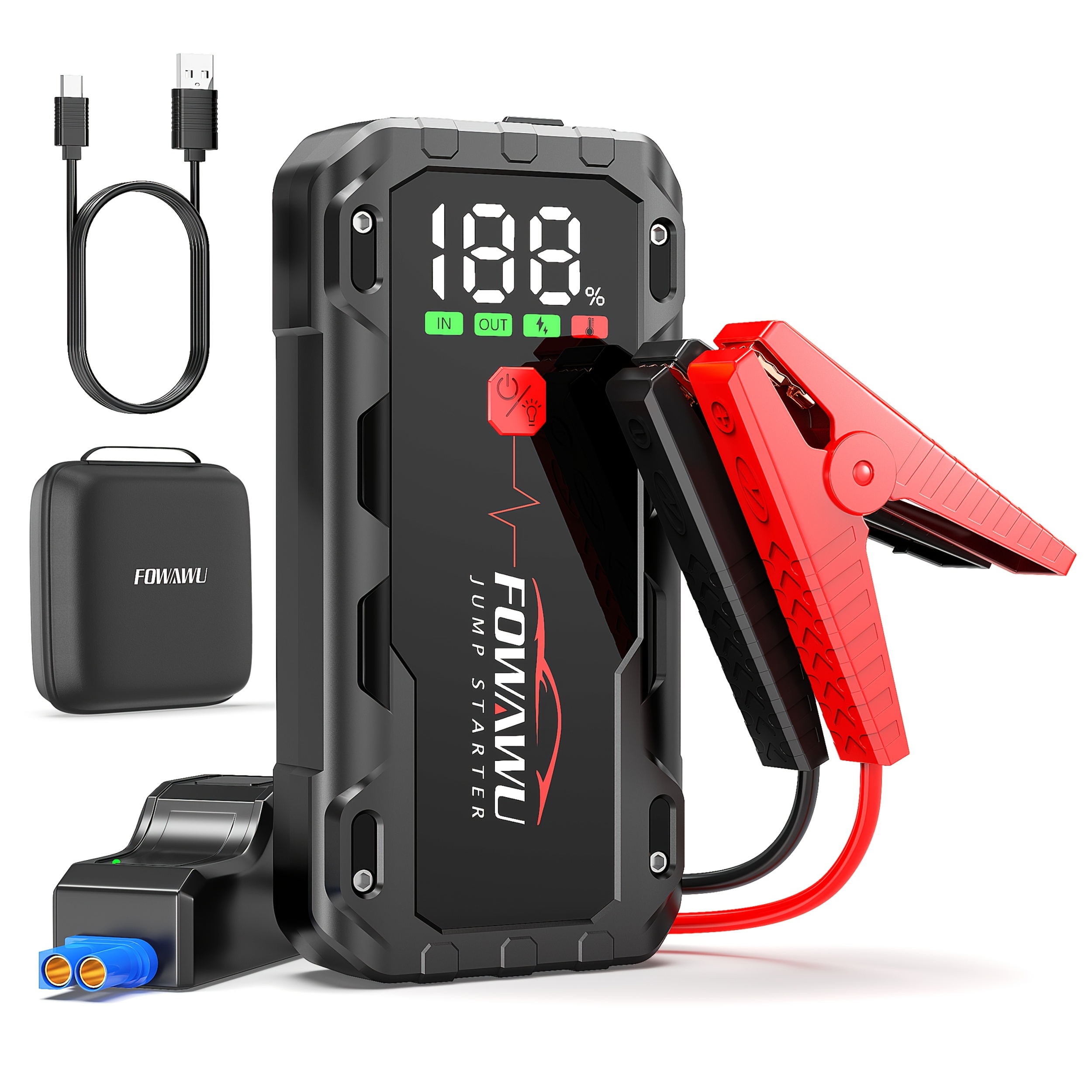 TEMU Fowawu 7000a/ Jump Starter For 12v Vehicles And Moto, Car Battery Jump Starter Power Pack With Smart Jumper, 5*3.5cm Large Screen And Led Torch,