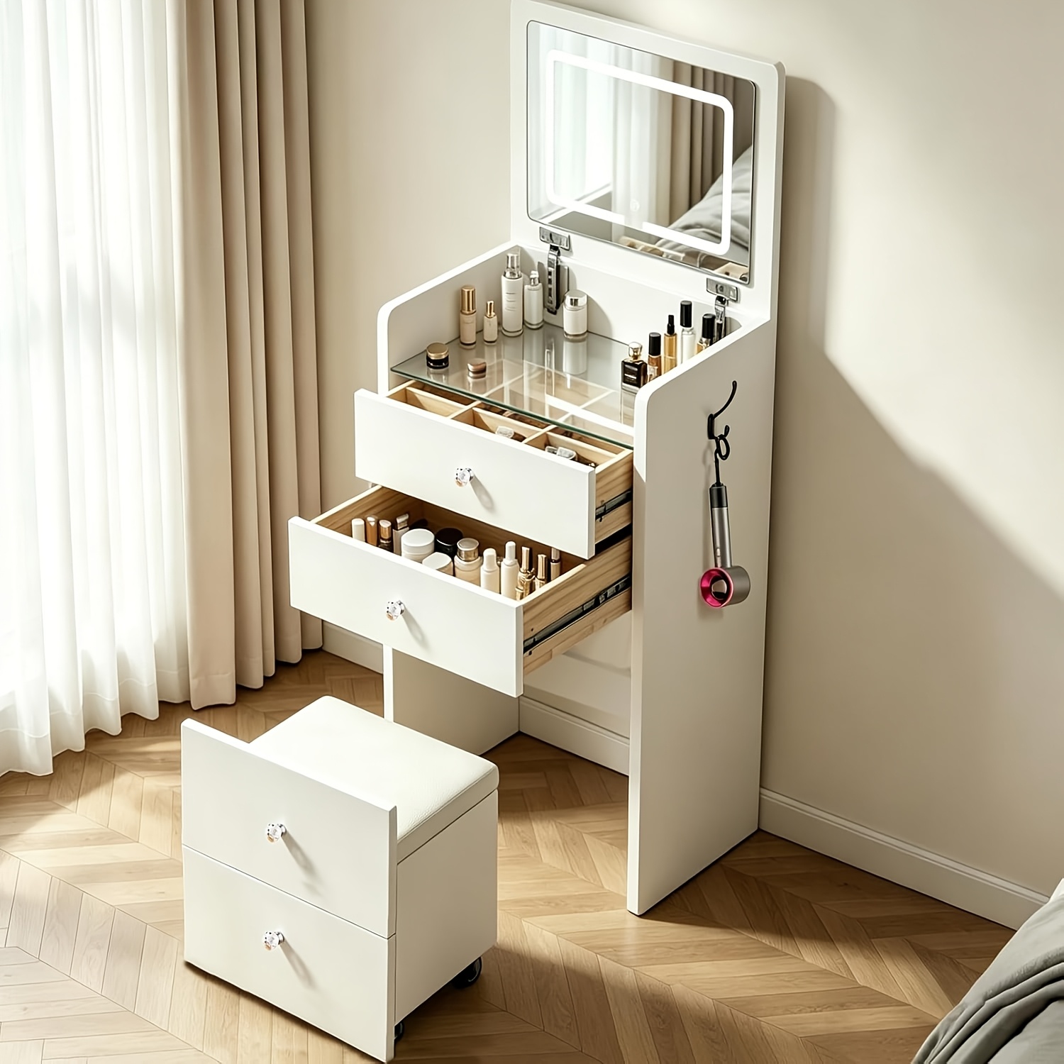 TEMU -in-one Corner Dressing Unit, Featuring A 90Â° Folding Mirror, A Glass Top, A Padded Stool With Storage, And Side Hooks For Hanging Make-up. Made