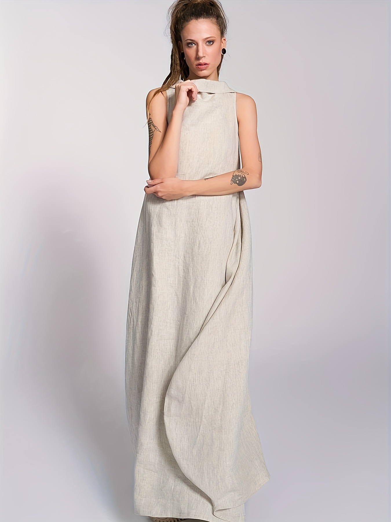 Elegant Bohemian High Neck Maxi Dress for Women - Sleeveless, Solid Color, Flowy A-Line Silhouette with Pockets, Perfect for Summer Parties and Casual Wear, Cute Dress