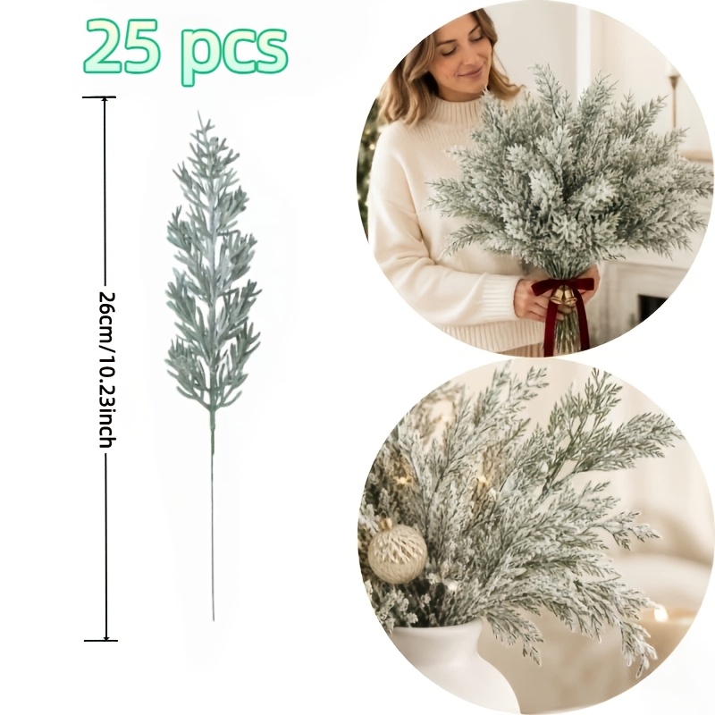 TEMU 25 pz Rami Realistici Satinati di Pino di Norfolk, Bouquet di Pino Innevato - Lunghezza 10.23 Pollici, Decorazioni Natalizie per Albero di