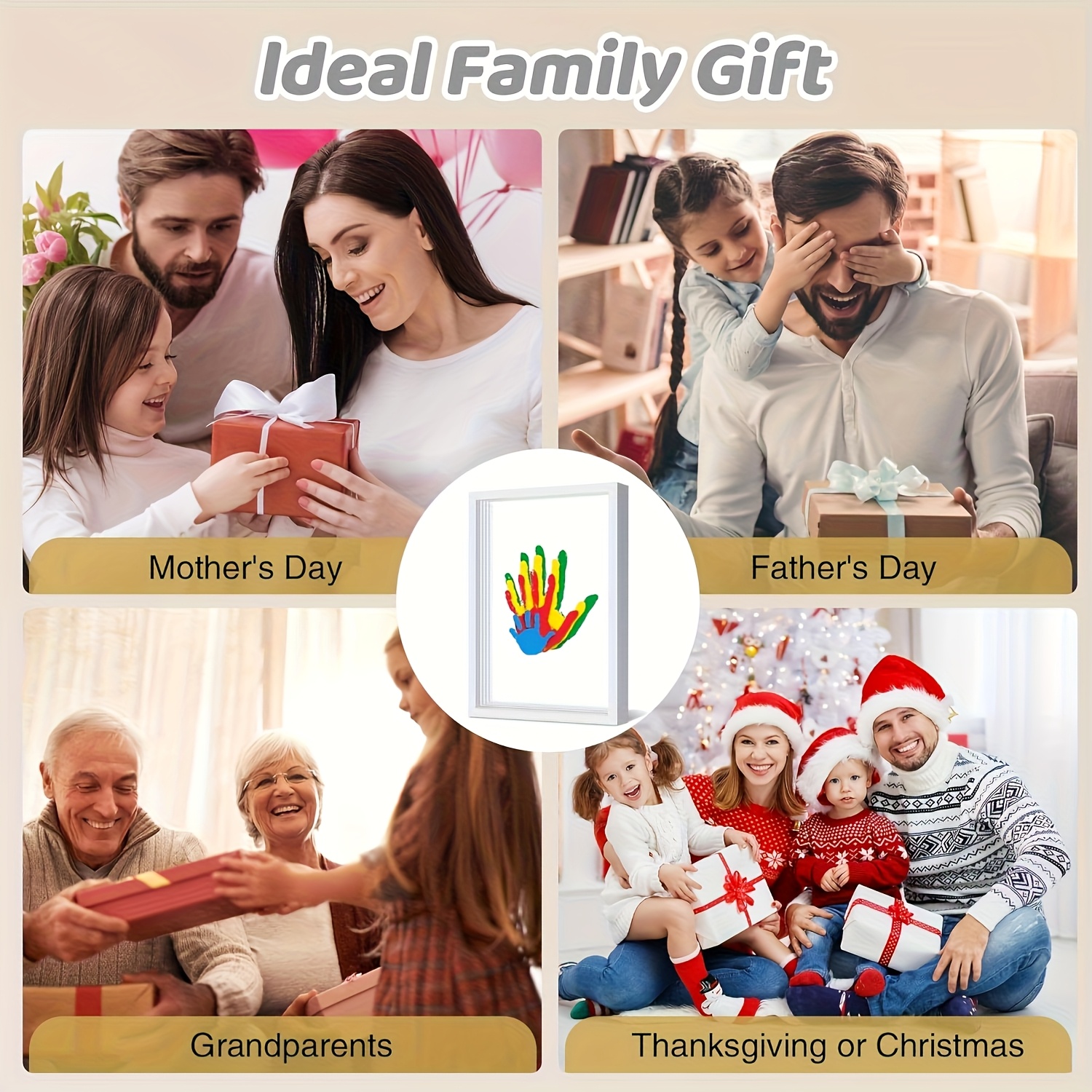 Family Handprint Memory Frame with 4 Handprint Slots and 6 Non-Toxic Colors, Gift for Family and Mother’s Day, Available in Black, White, an