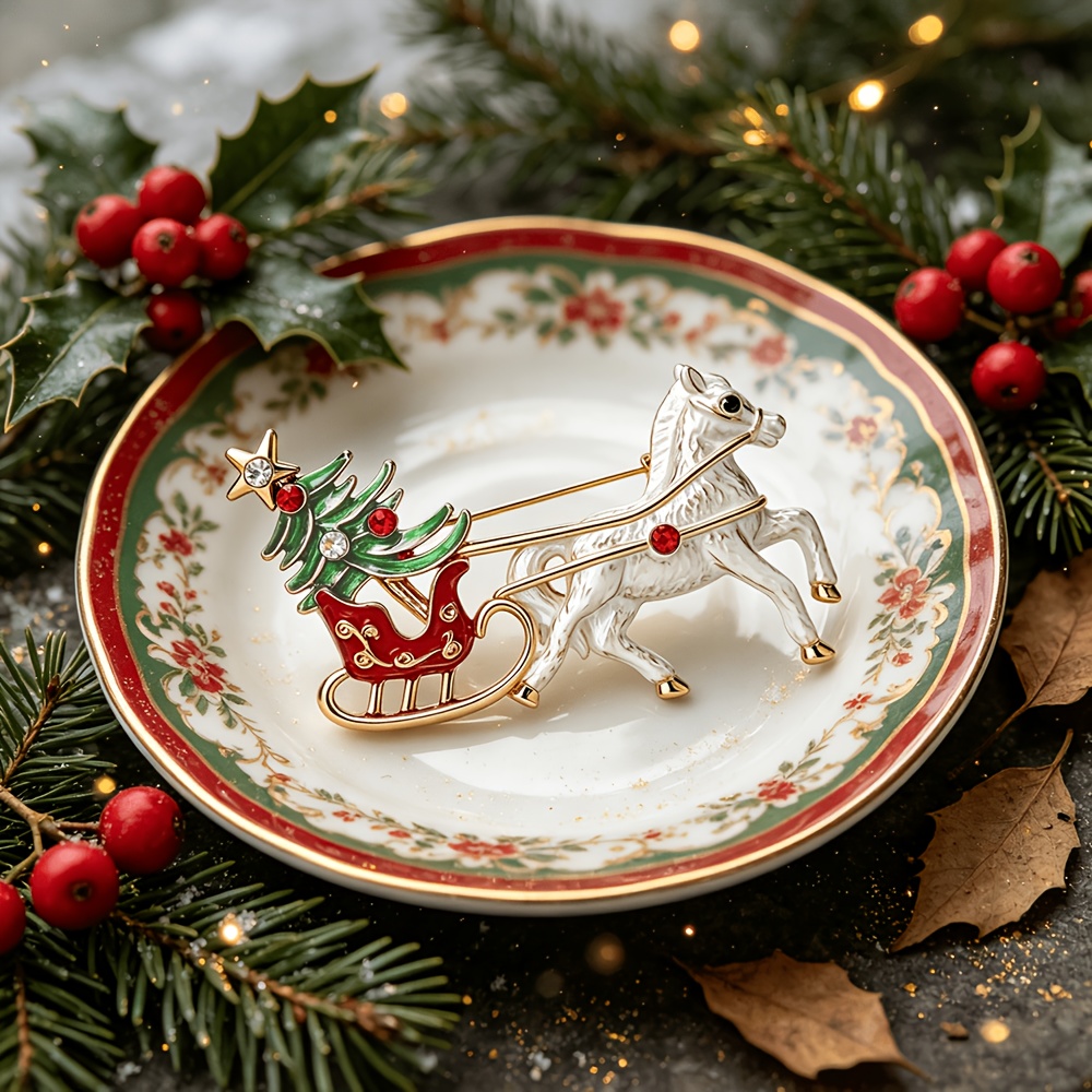 TEMU Retro Christmas Sleigh And Christmas Tree Enamel Brooch - Dynamic White Horse Pulling Sleigh Design, Painted Enamel With Exquisite Rhinestones,