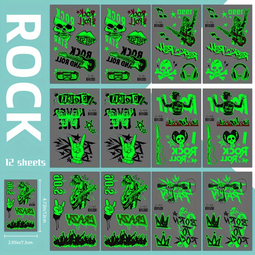 Image of -the- Style Tattoo Stickers Featuring Glowing Rock , Butterflies, Guitars, , And Star Patterns, Perfect For Birthday Party Gifts And Decorations For Nightclubs And Concerts