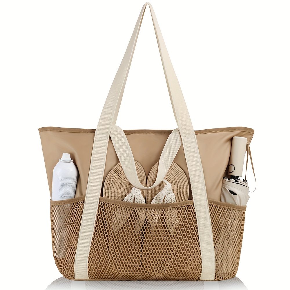 large   foldable beach tote for women stylish brown with mesh zipper pockets   pool travel everyday use poolside accessory stylish beach bag durable polyester beach bag tote
