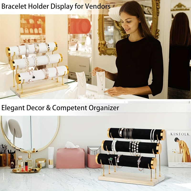 1 2 3 уровня съемный держатель для браслетов, золотой органайзер для браслетов, дисплейный стеллаж с бархатовой оберткой и деревянной основой для браслета, детали 8