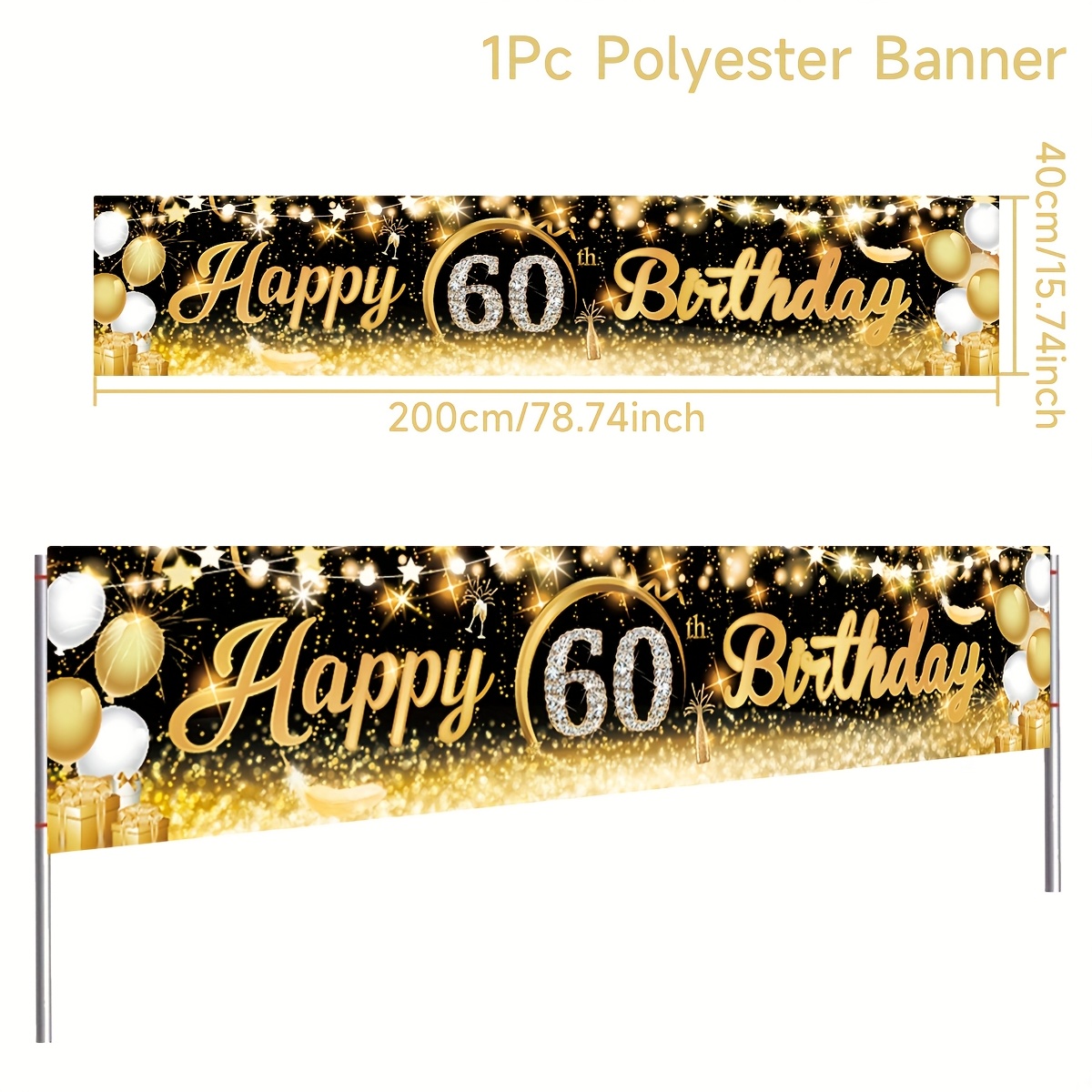 Image of 1pc,black Golden 60 Years Old Birthday Hanging Banner,200*40cm,happy Birthday Party Banner,birthday Party Supplies,60th Birthday Party Decor,birthday Party Background Decoration,party Banner