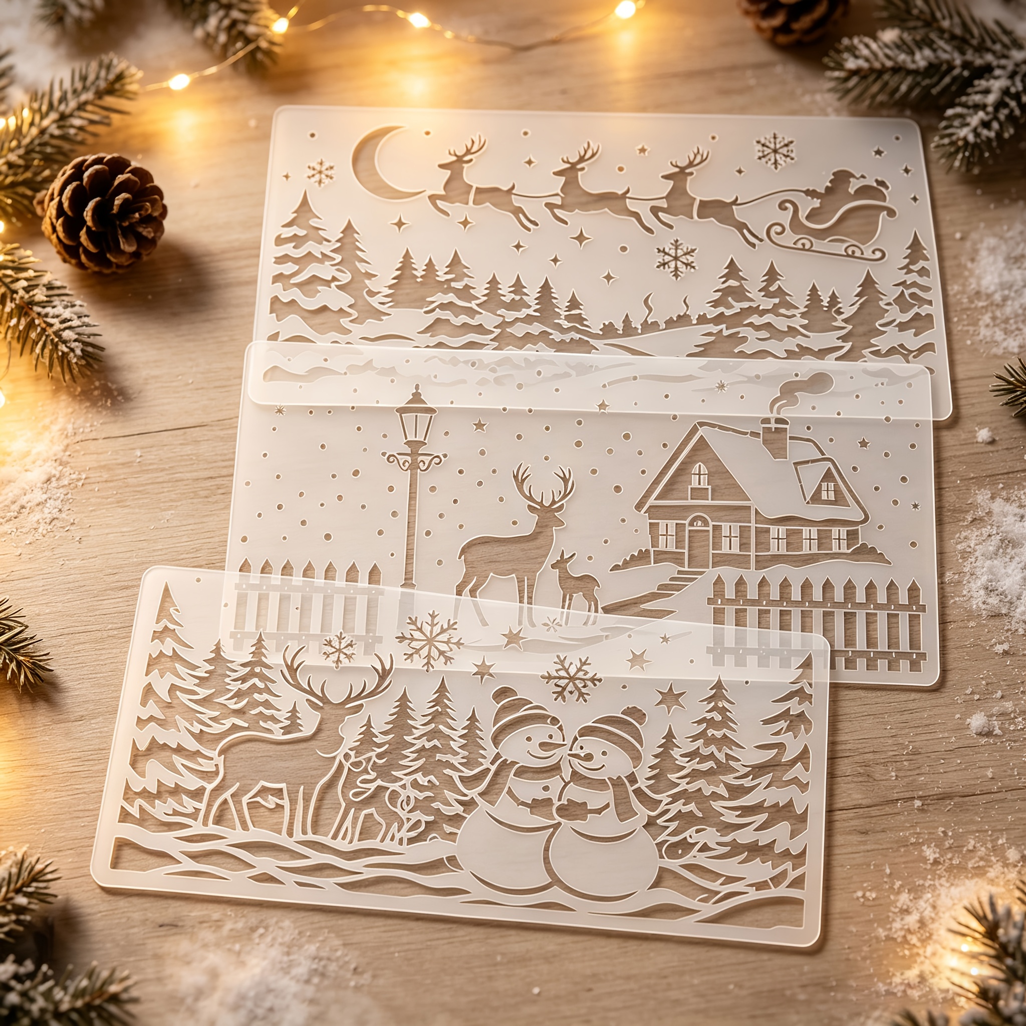 TEMU 3pcs Christmas Snow Scene Stencils, Reusable Painting Stencils With Santa Sleigh, Reindeer, Winter House, Snowman, Pine Tree, Lamp Post, And