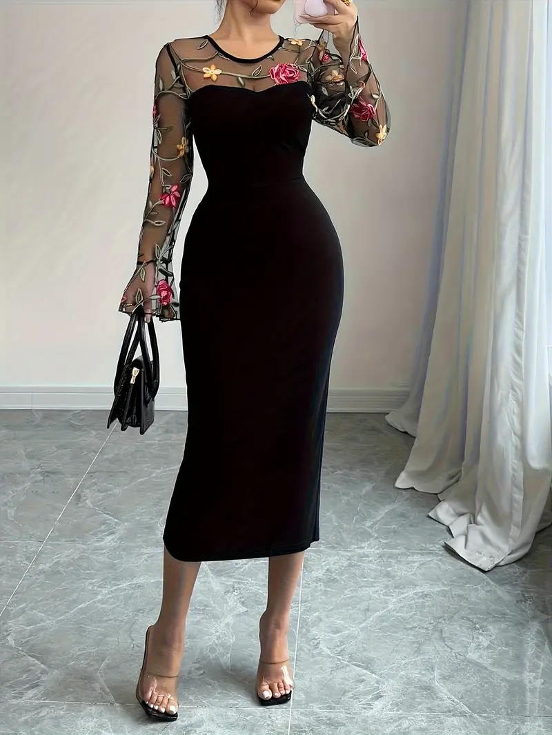 Women's Elegant Long Sleeve Midi Dress with Sheer Netting panel - * Fit Flower print A-Line Dress, Round Neck Short preparation for Weddings, Parties & * - Machine Washable (No undergarment Padding) - ... Women's Elegant Long Sleeve Midi Dress with Sheer Netting panel - * Fit Flower print A-Line Dress, Round Neck Short preparation for Weddings, Parties & * - Machine Washable (No undergarment Padding) - ...