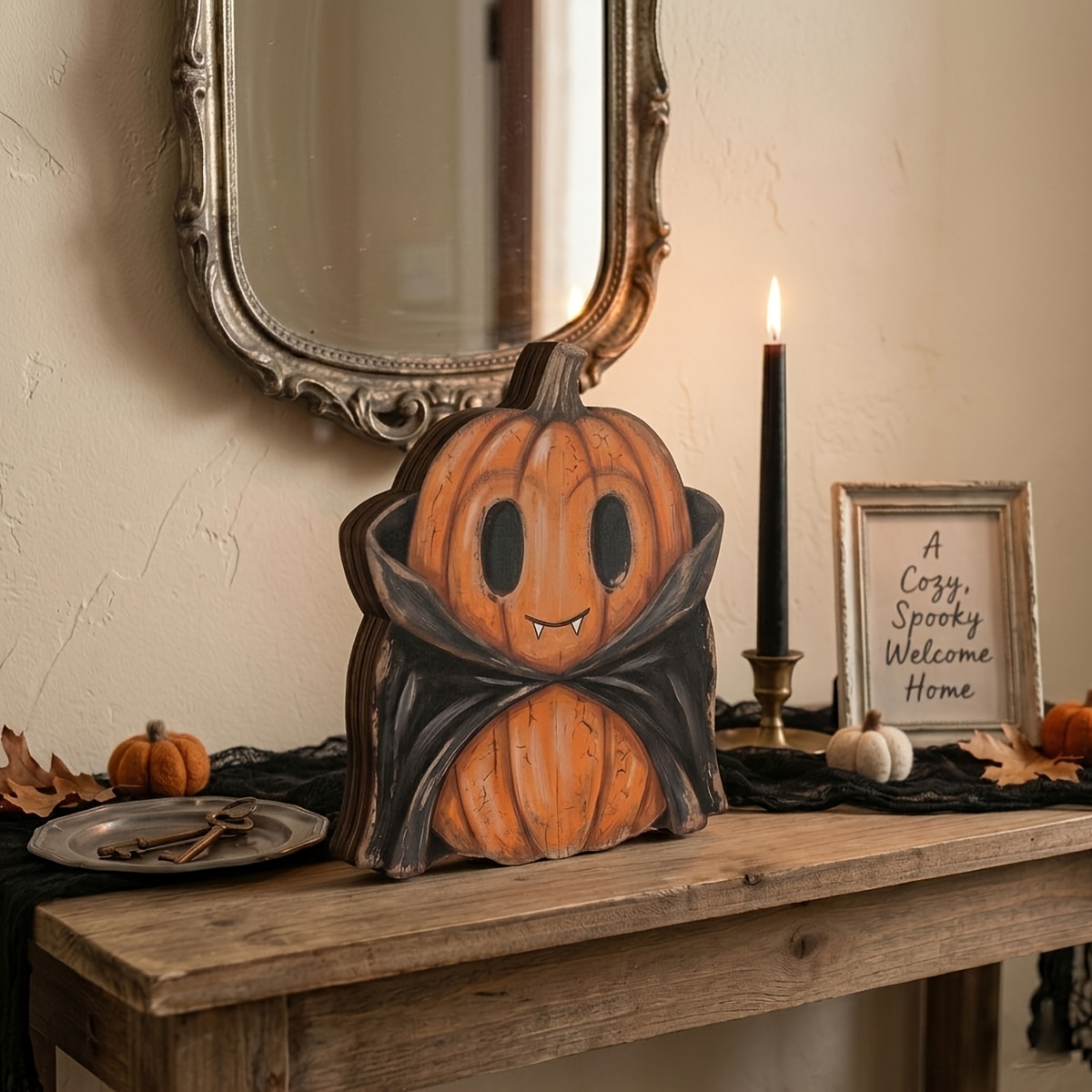TEMU Vintage Halloween Wooden Block Decor, Rustic Pumpkin Black Cat Owl Skeleton Witch Shelf Decor, Fall Mantel Tabletop Indoor Halloween Decorations