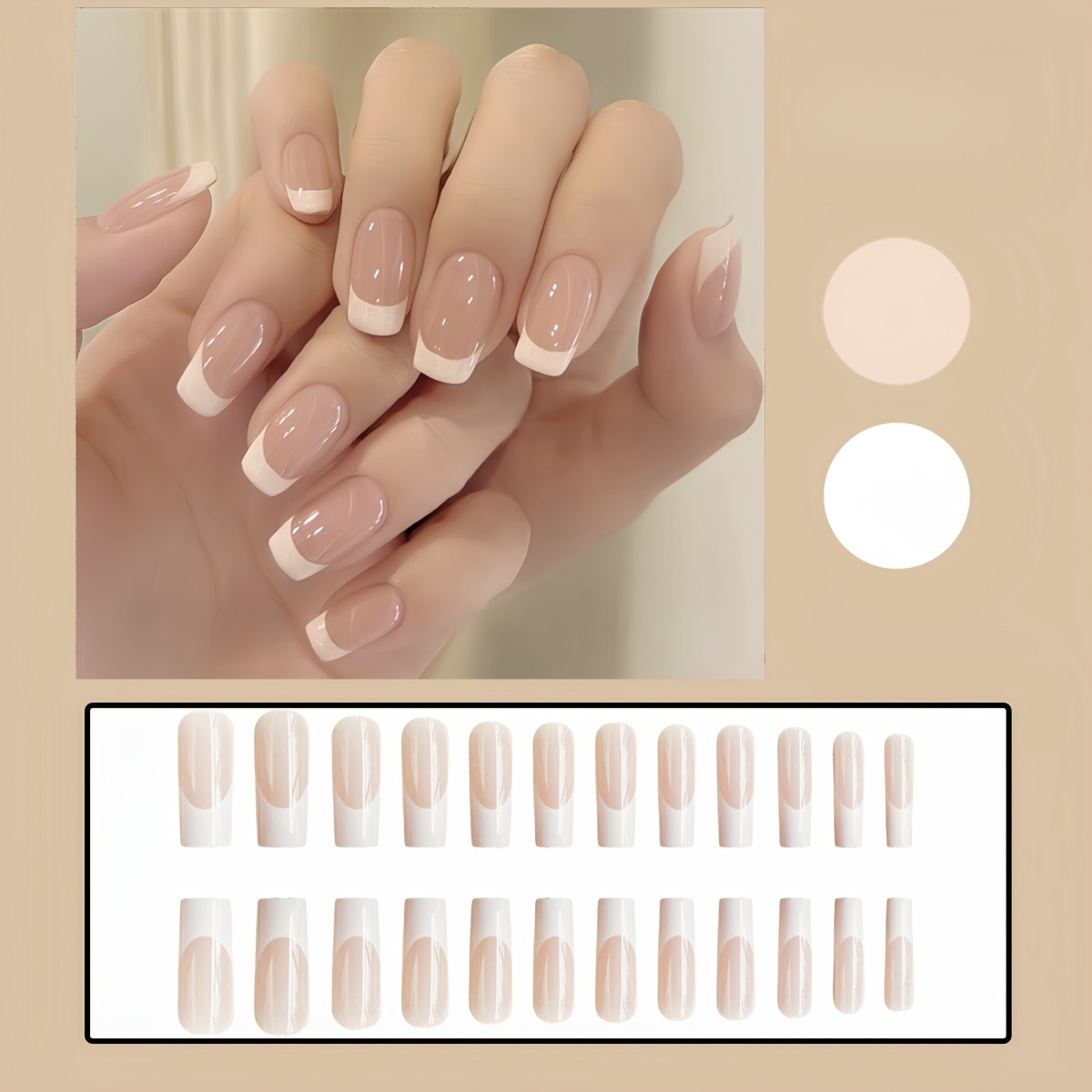 E-shop 24 Stück mittellange French Ballett--On-Nägel, glänzende, leicht zu befestigende künstliche Nägel, mit Gel-Kleber und Nagelfeile, sehr gut