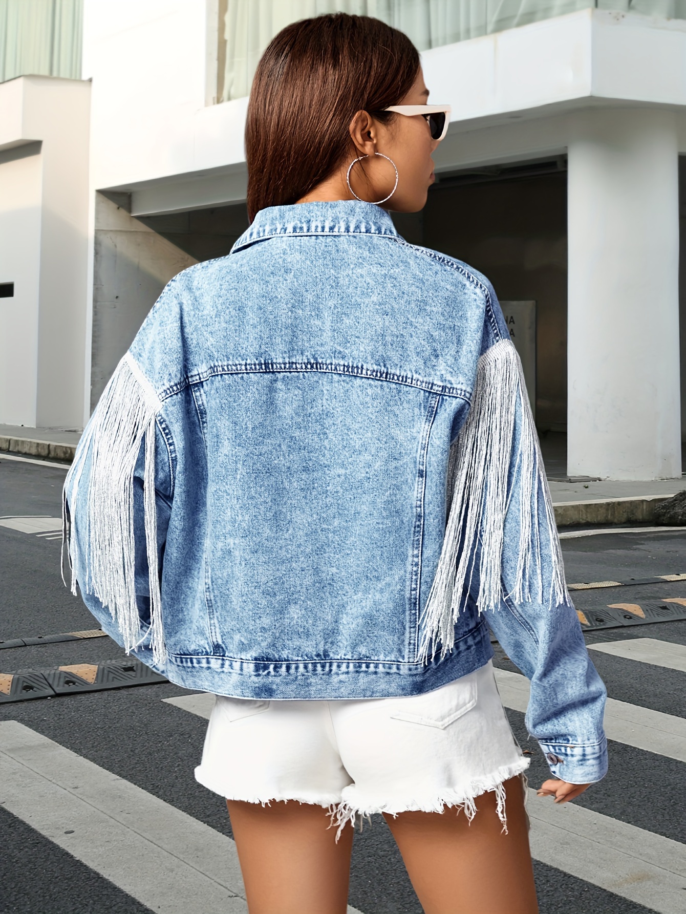 Outerwear Long Fitted Denim Jacket Women's Fringe Denim Jacket