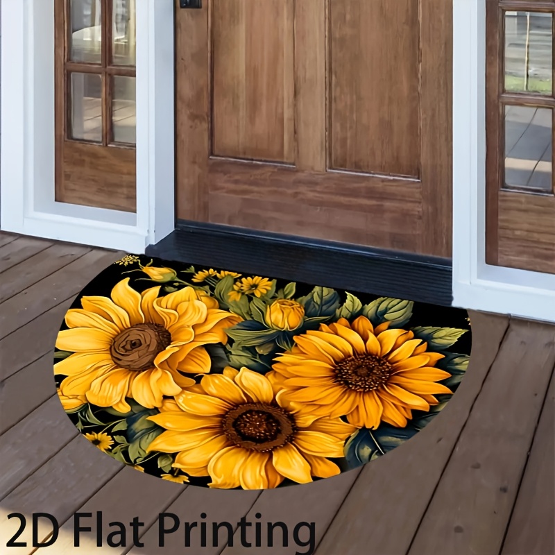 E-shop 1 Stück 2D Flache Schwarze Hintergrund Sonnenblumenmuster Fußmatte - Leicht zu Reinigen, Halbkreisförmiges Design, Geeignet für
