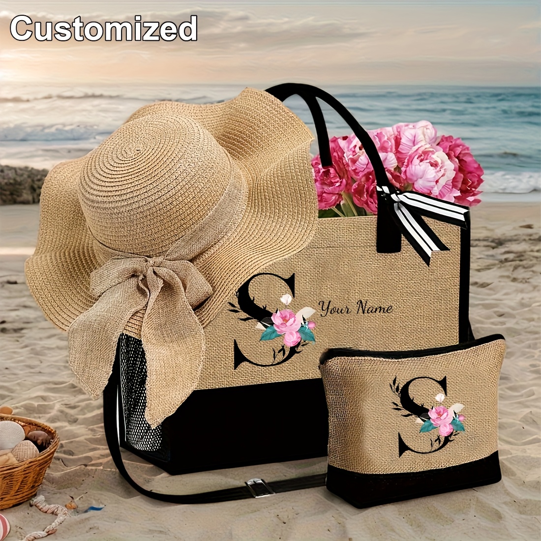 TEMU 3pcs Handbags With Women's Beach Hat And Cosmetic Bag, Personalized Handbags Customizable With Name. With Shoulder Strap, Large Capacity Letter