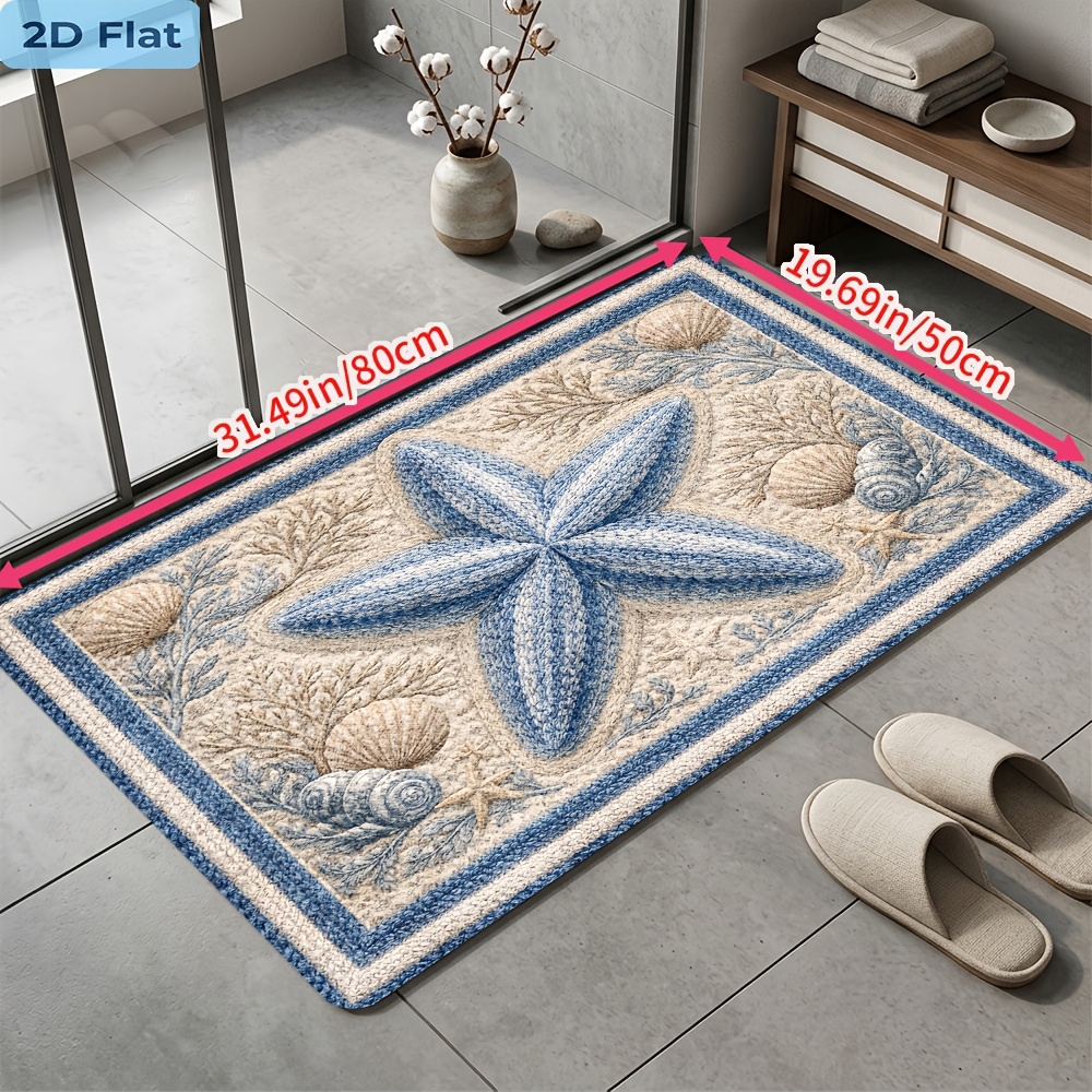 TEMU 2d Flat, 2d Flat, [2d Flat] Starfish Shell Seaweed Pattern Bath Mat, 850gms Velvet, Dot-embossed Base, Pastoral Style,